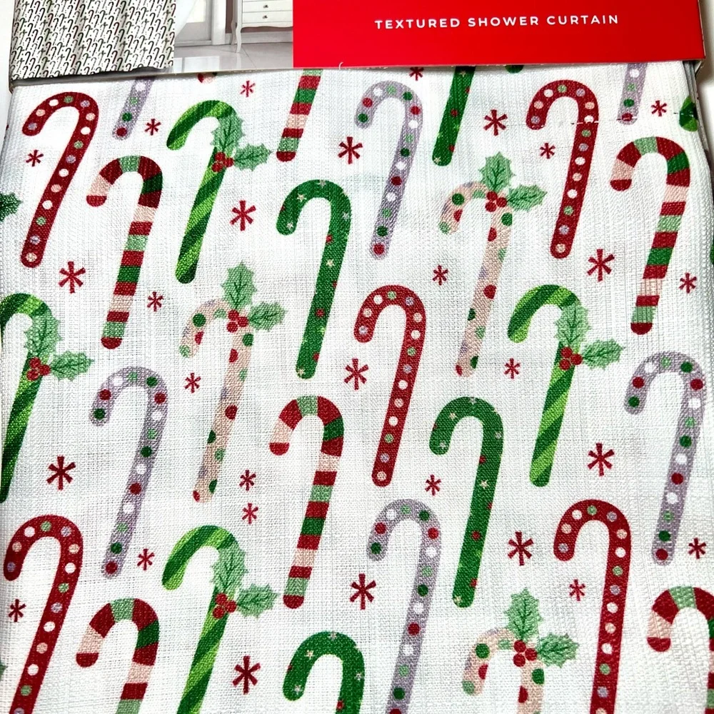 Christmas Fabric Candy Cane Shower Curtain Textured Polka Dots & Stripes - Picture 1 of 8